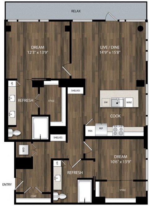 Floor plan for 2 beds, 2 baths, 1214 sqft